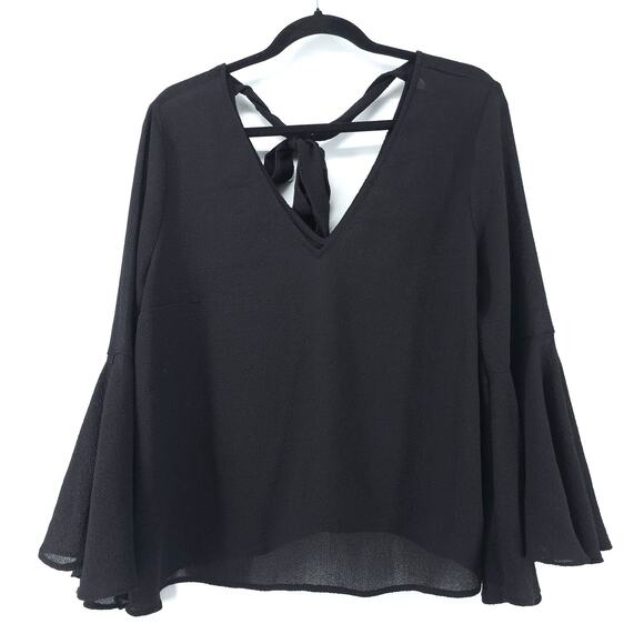 H&M Divided Whimsygoth Black Crepe Back Keyhole Tie Bell Sleeve Flowy Blouse 14 - Picture 1 of 10